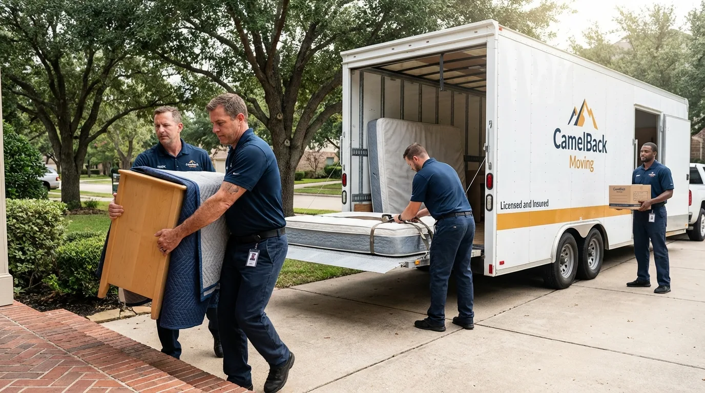 Crew loading residential truck for cross-state move from Bloomfield, IN