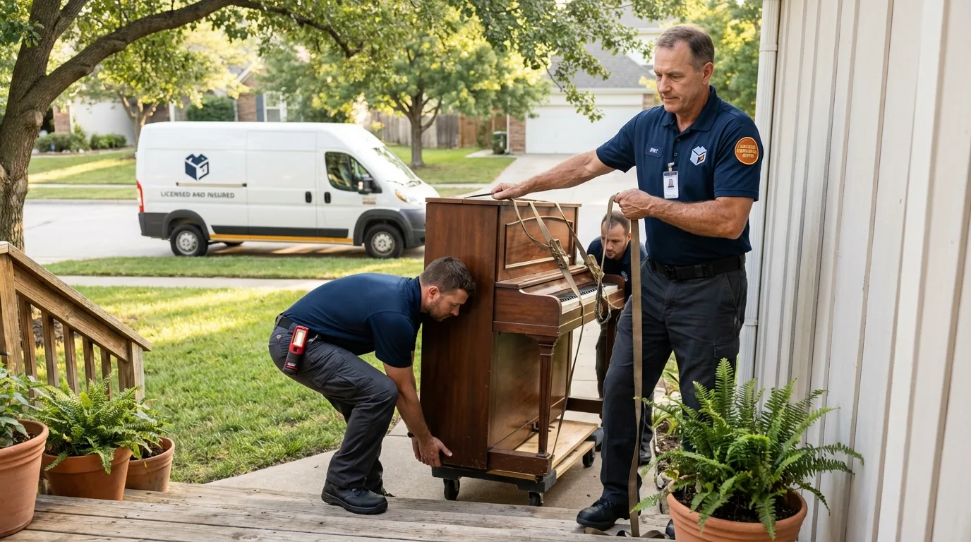 Licensed piano movers securing grand piano in Bloomfield, IN