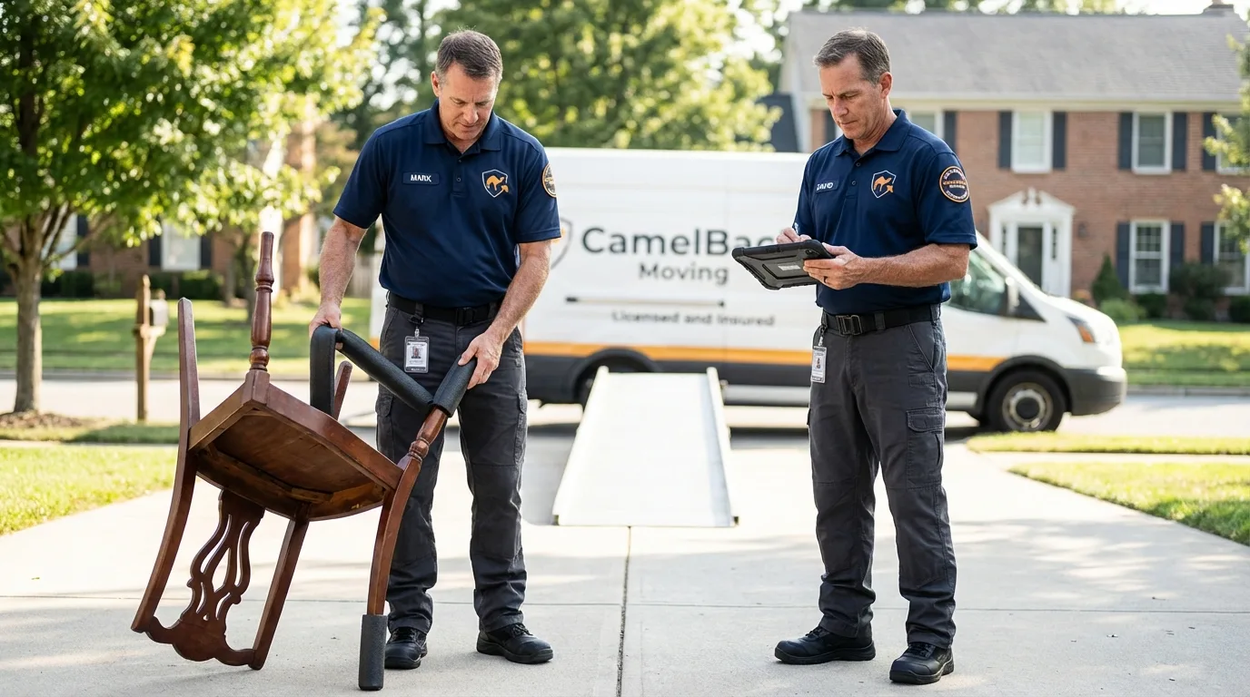 Movers inspecting furniture for damage prevention before loading in Bloomfield, IN